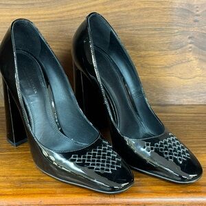 Bottega Venetta Black Patent Leather Pumps Block Heels with Intecciato Weave
